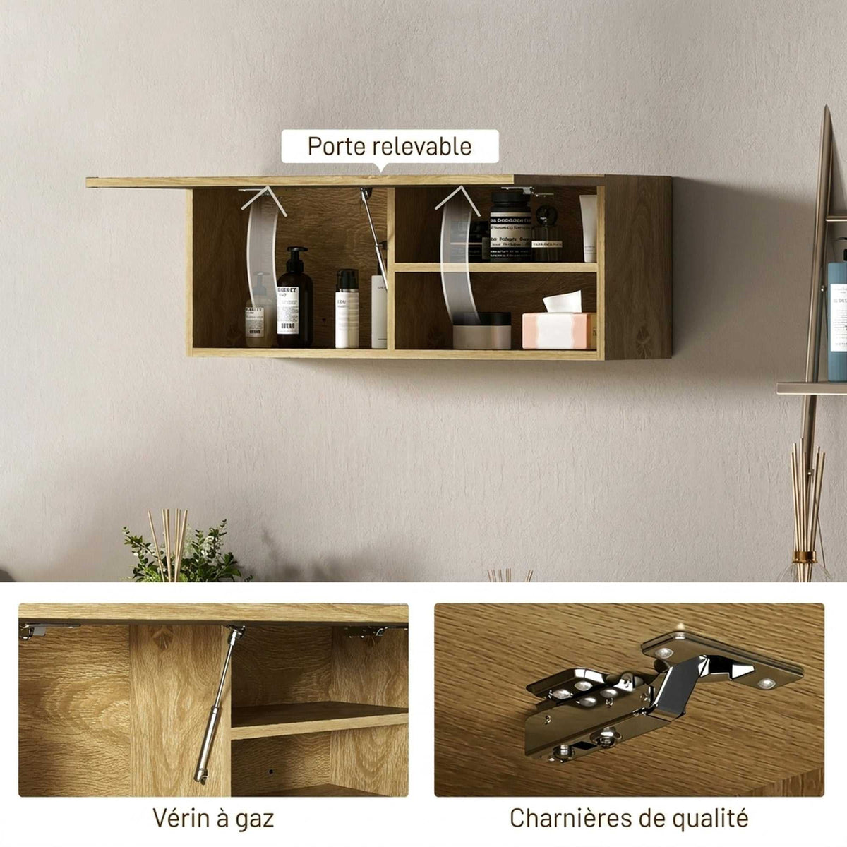 Armoire murale de salle de bain, meuble de rangement suspendu avec porte à charnières, 80 x 25 x 30 cm, bois naturel-5