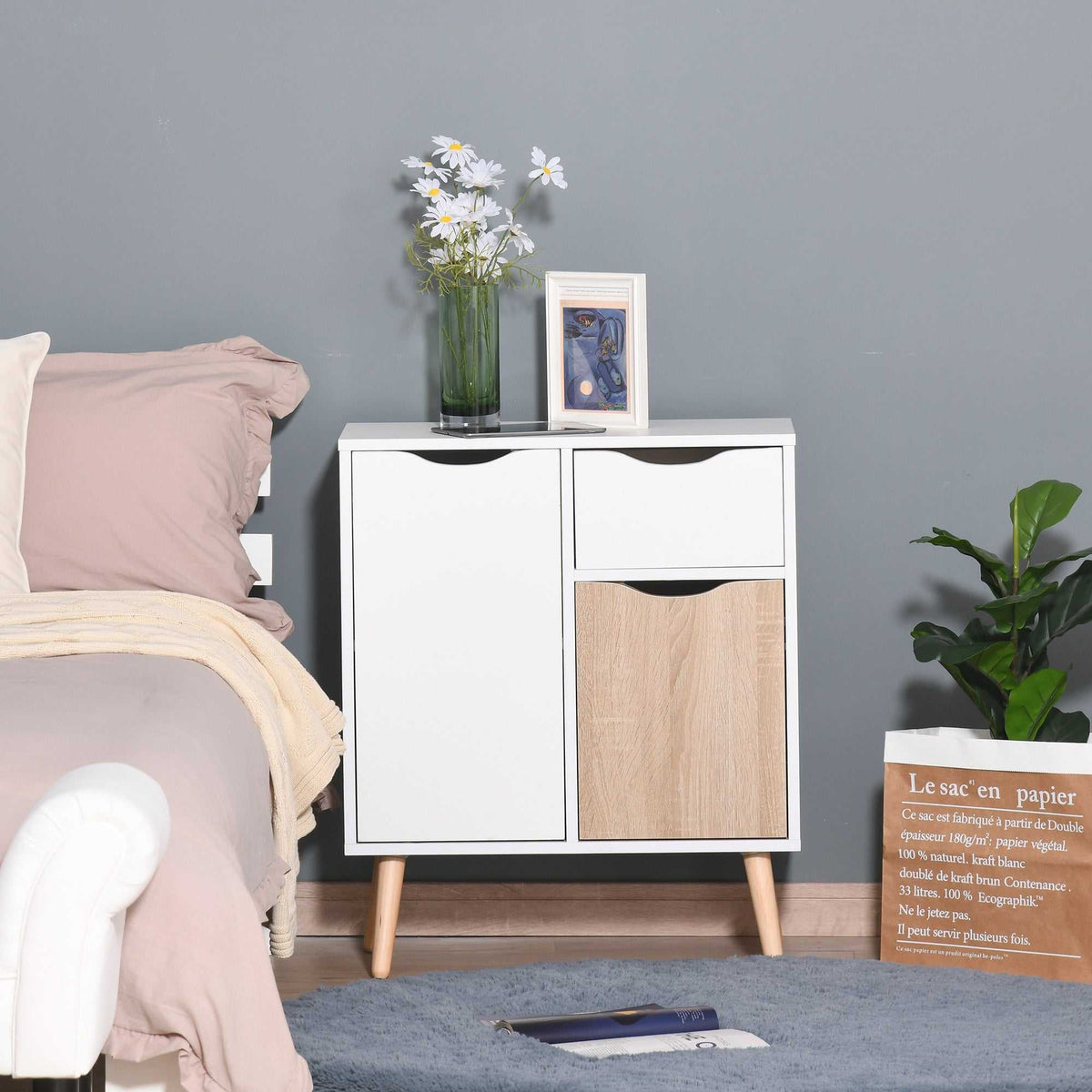 Buffet Meuble de Rangement Design scandinave 2 placards tiroir Coulissant Bois Blanc chêne Clair-7