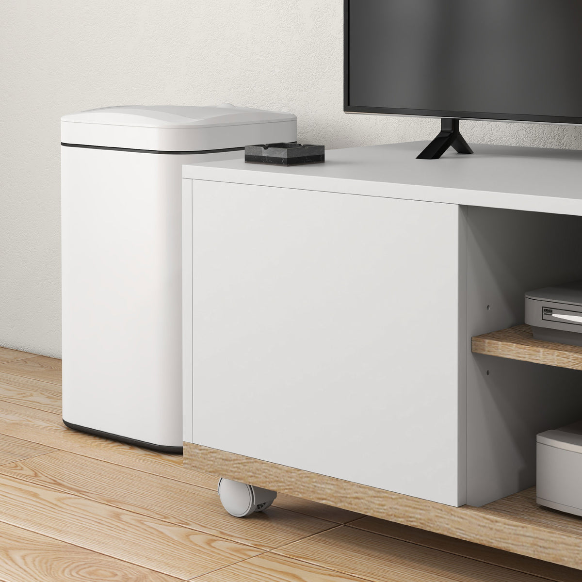 Meuble TV sur roulettes avec 2 Freins - 2 niches + Placard Porte 2 Passe-Fil - en bois Blanc chêne Clair-8