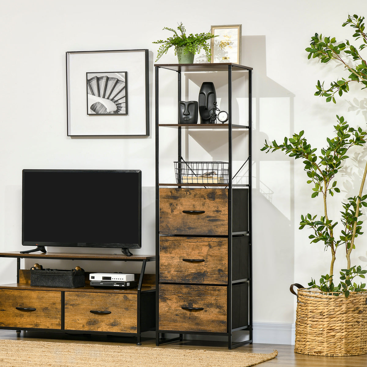 Meuble de rangement avec étagères et 3 tiroirs en tissu pliables amovibles, style industriel, dim. 44L x 40l x 155H cm-1
