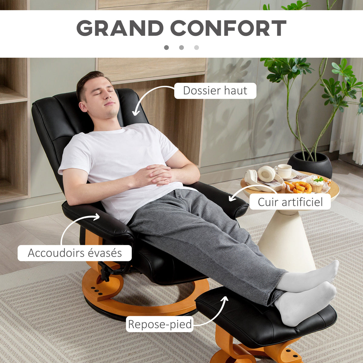Fauteuil de relaxation inclinable avec repose-pied, pivotant, cadre en bois , revêtement synthétique noir-5
