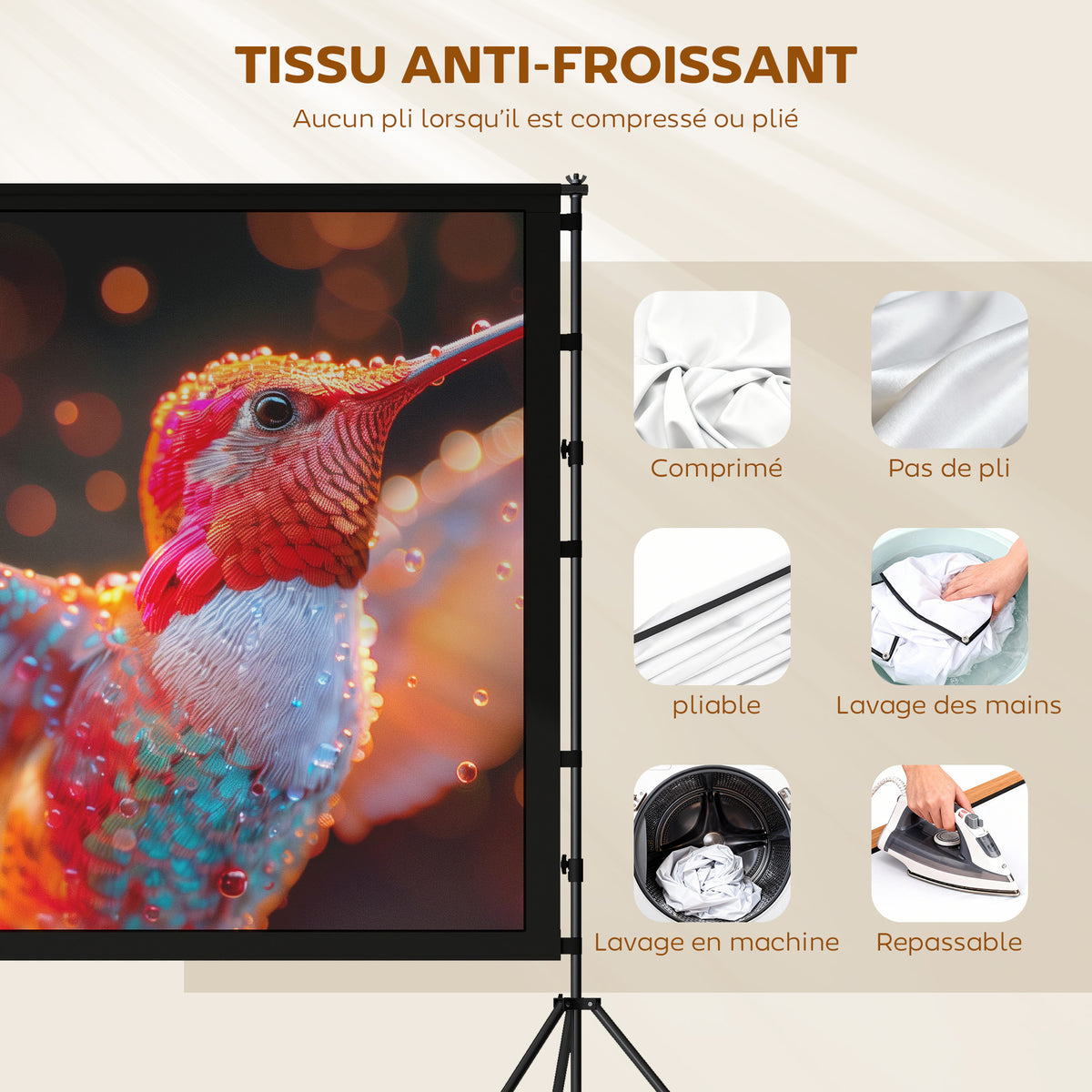 Écran de projection avec trépieds 120 pouces 16:9 HD 4K/8K, écran videoprojecteur portable, 309x62x217cm, blanc et noir-4