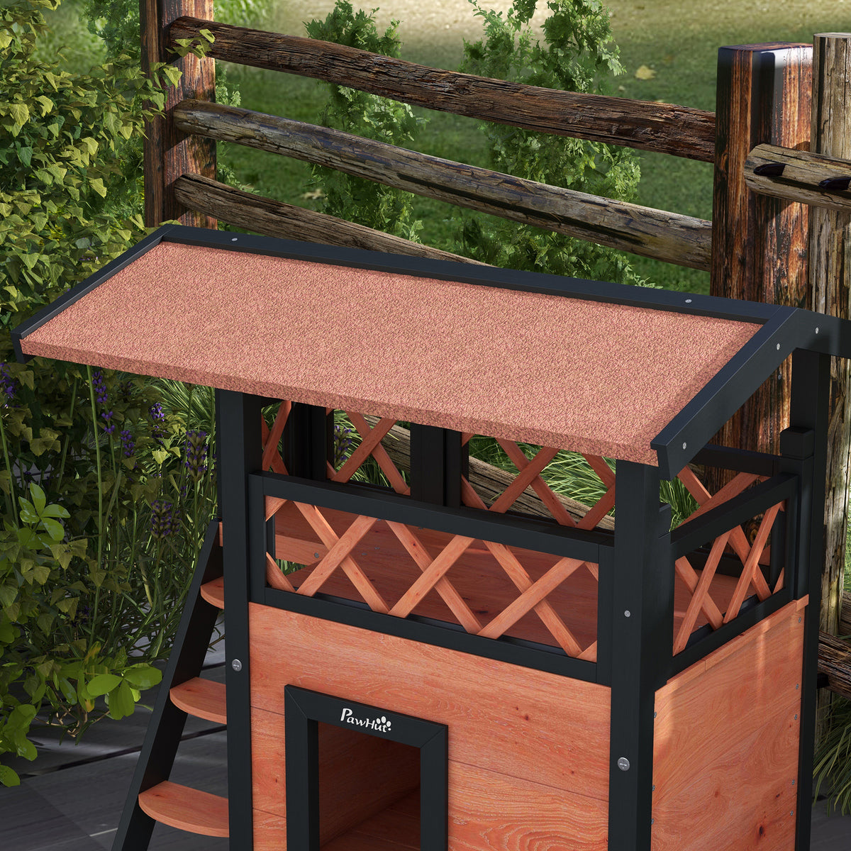 Cabane Chat Extérieur avec Terrasse, Escalier, Toit, Niche Villa, 77 x 50 x 73 cm Marron et Rouge-6