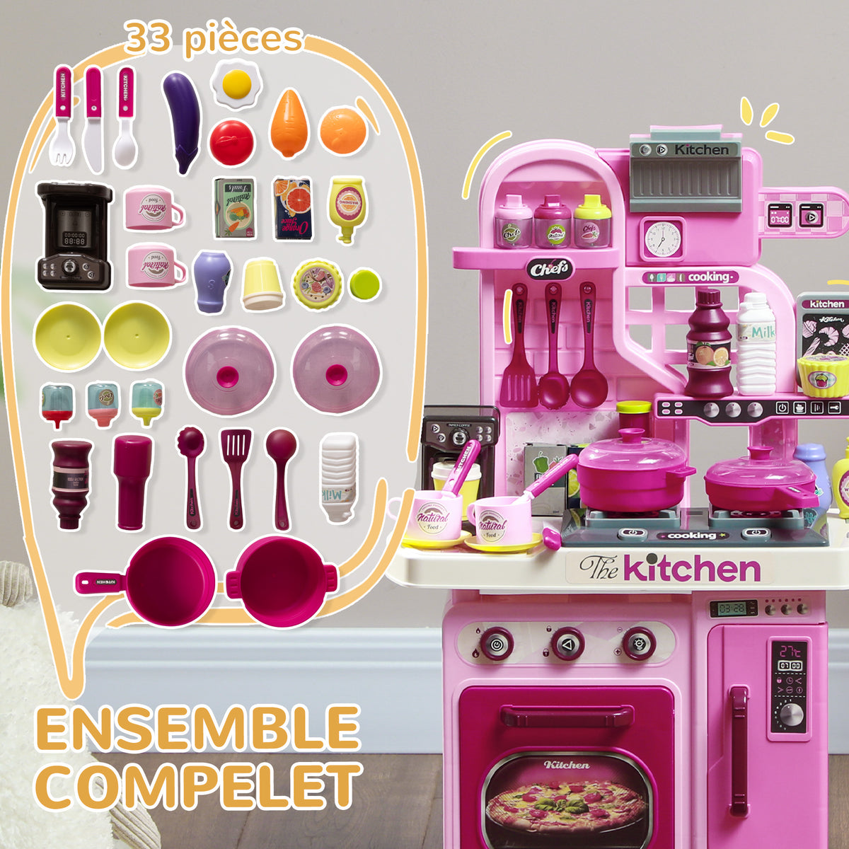 Cuisine enfant accessoires 33 PCS jouet d'imitation pour enfant dinette enfant 3-6 ans lumières et sons réalistes rose-6