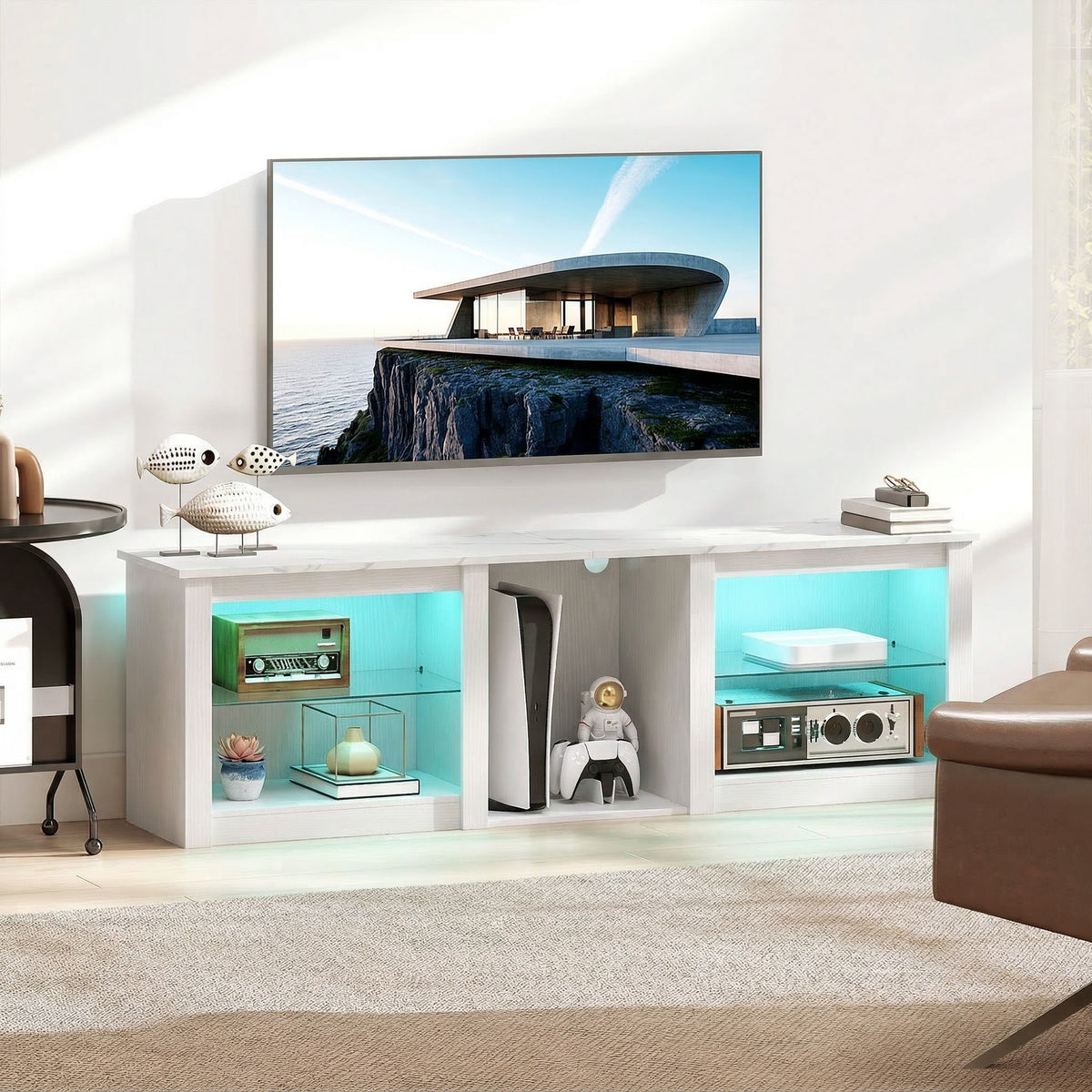 Meuble TV avec éclairage LED pour télévision jusqu'à 70 pouces, 160cm avec étagères en verre réglables, blanc-1