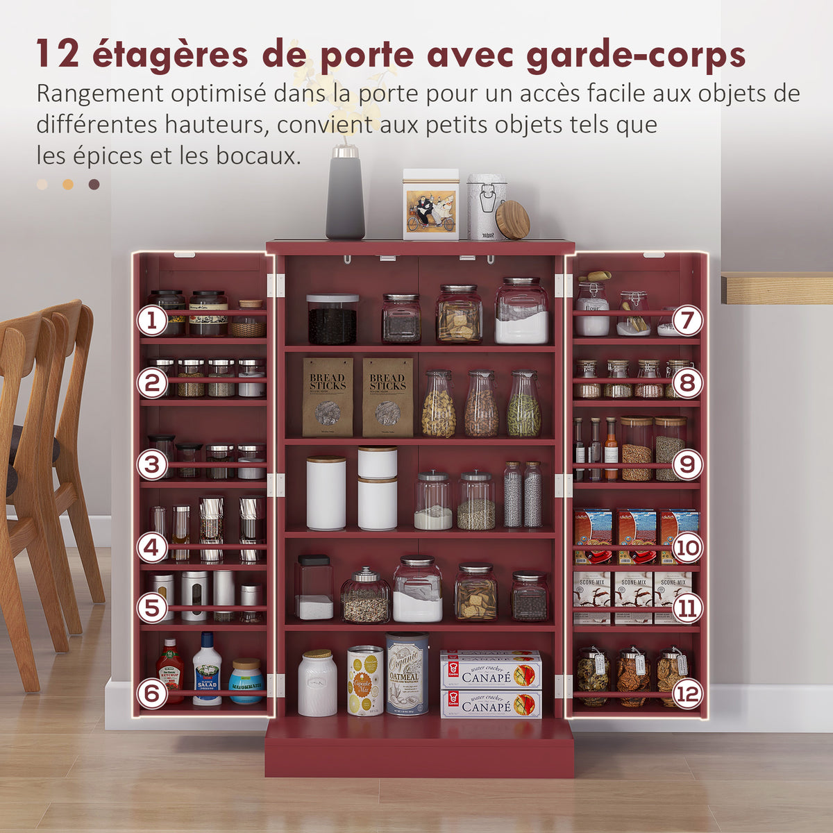 Armoire meuble de cuisine garde-manger 2 portes avec 5 étagères et 12 porte-épices - 60 x 30 x 104 cm - rouge-4