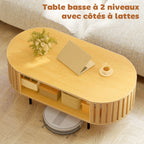 Table basse ovale, table de salon avec rangement, coins arrondis, design lattes, 100 x 50 x 40 cm, effet bois naturel-3