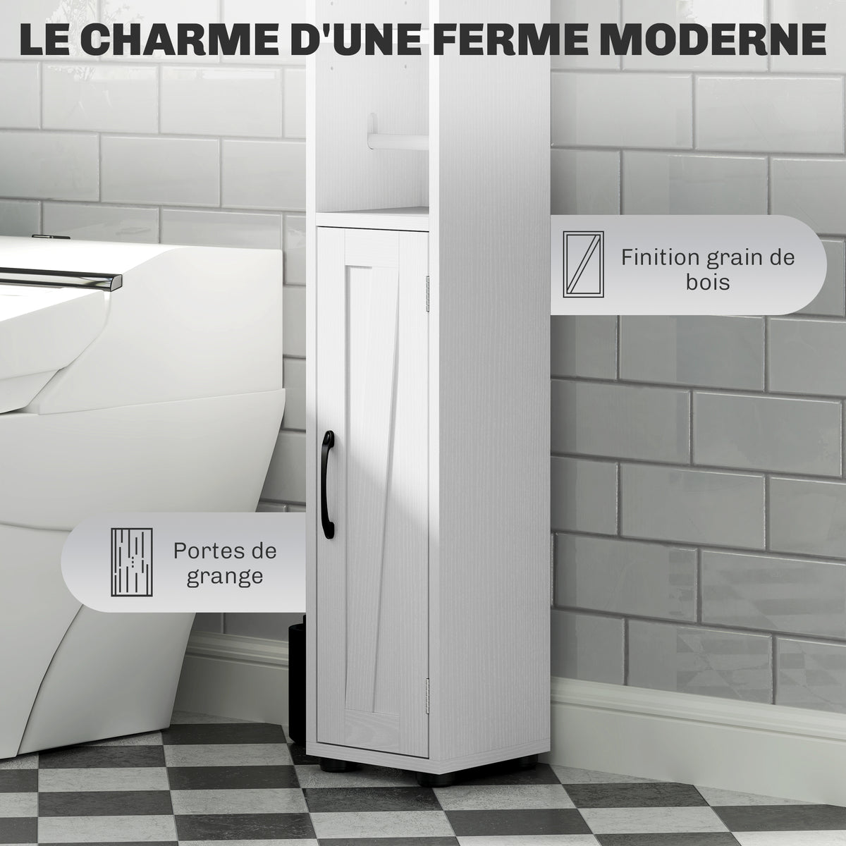 Armoire salle de bain haute, meuble de rangement colonne, 2 portes, tiroir, étagères réglables, 20x20x185cm, blanc-5