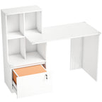 Bureau d'ordinateur avec bibliothèque 4 compartiments et tiroir verrouillable, 126 x 50 x 109 cm, grain de bois blanc-0