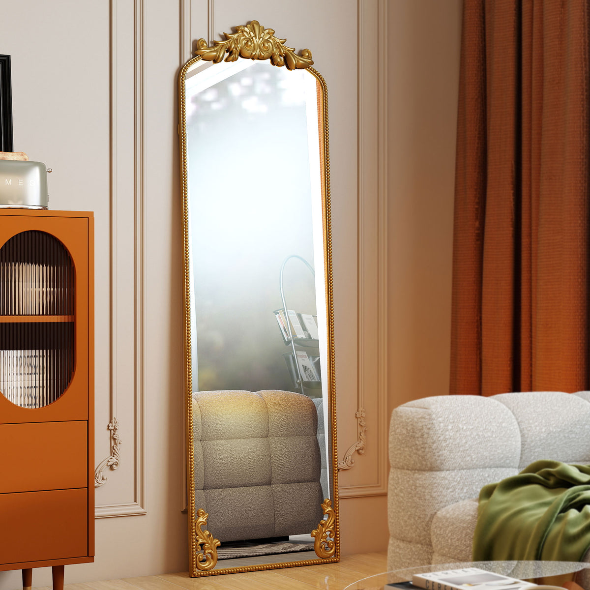 Miroir Pleine Longueur Baroque, 160 x 50 cm, Cadre en Métal, Montage au Sol, Suspendu ou Appuyé contre Le Mur, Doré-8