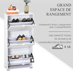Meuble à Chaussures Armoire à chaussures 3 Portes abattantes 3 Compartiments en bois 60L x 26I x 124H cm Blanc laqué-3