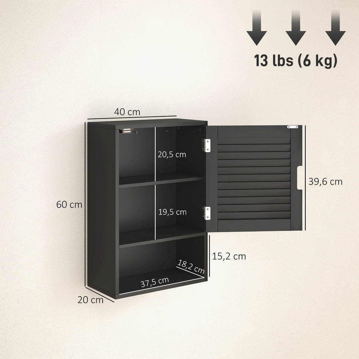 Armoire murale de salle de bain avec porte à lattes, étagère réglable et compartiment ouvert, 40x20x60cm, noir-2
