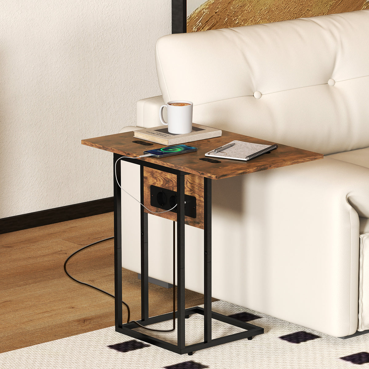 Table d'appoint bout de canapé avec station de charge, plateau pliable, 39 x 29 x 57 cm, brun rustique et noir-1