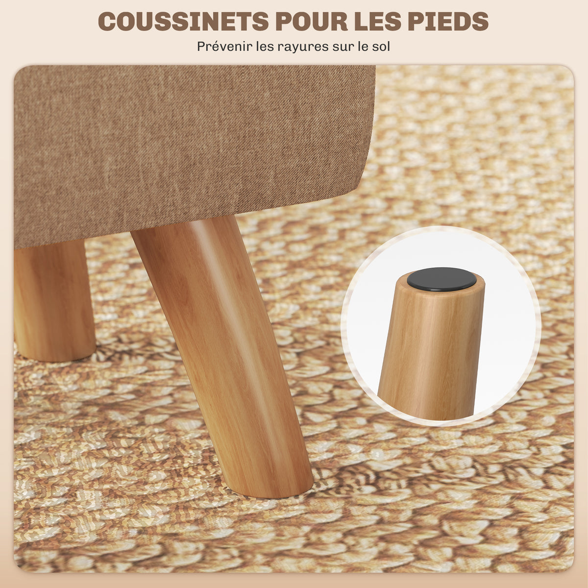 Repose pied salon ottoman siège rembourré en tissu avec pieds en bois 27 x 27 x 26 cm marron clair-5