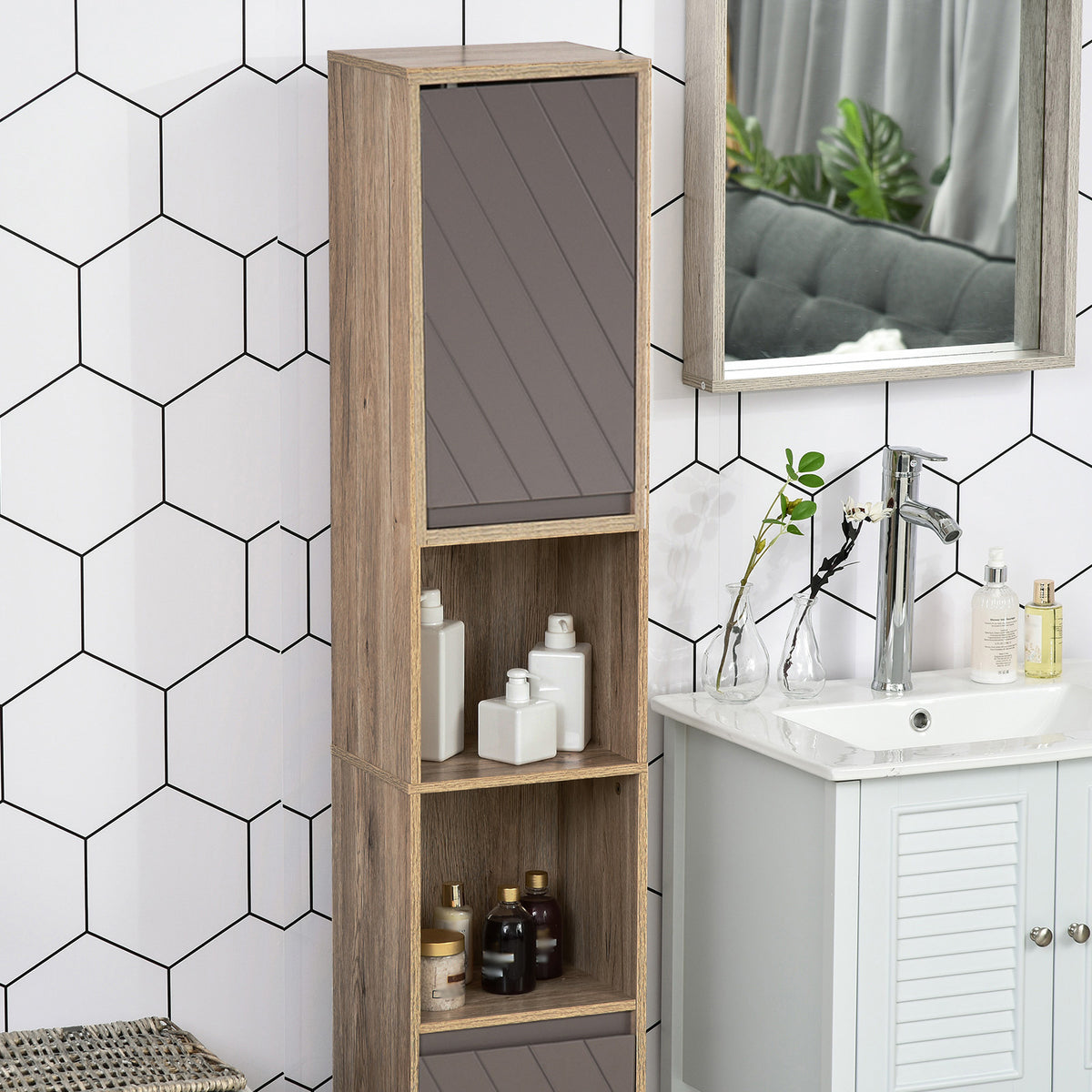 Meuble colonne salle de bain à 6 niveaux, meuble de rangement étroit avec 2 portes, 2 compartiments ouverts et étagère réglable, pour toilette, petits espaces, 30 x 24 x 170 cm gris et chêne-7