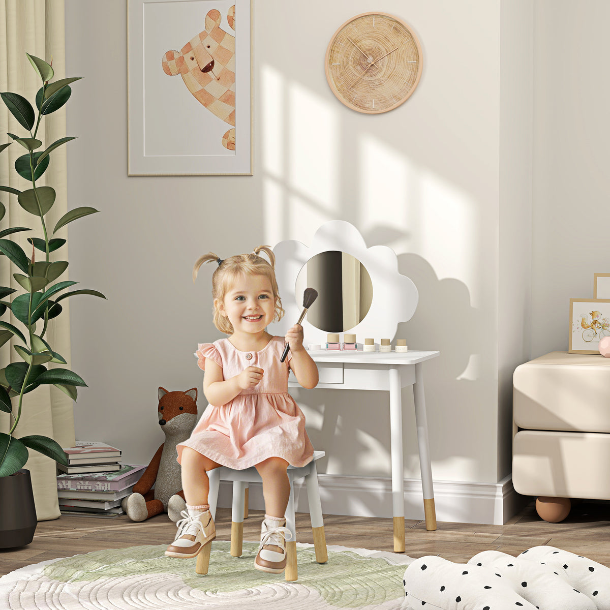 Ensemble coiffeuse pour enfant avec tabouret, coiffeuse 2 pièces pour enfants de 3 à 6 ans, miroir forme de nuage, blanc-1