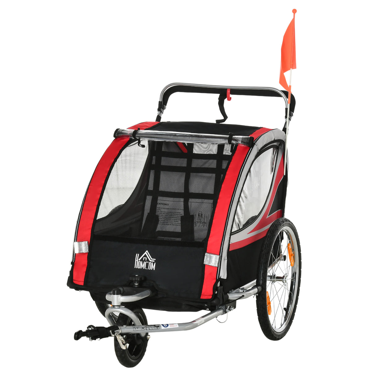 Remorque vélo pour enfant 2 en 1 convertible jogger poussette capacité 26,4 kg avec réflecteurs et drapeau - 2 places - rouge-0