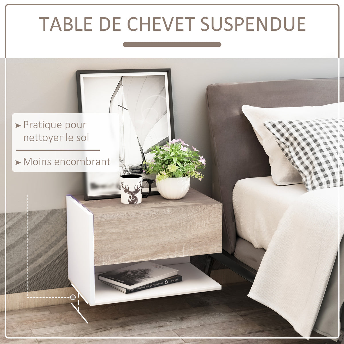 Tables de chevet suspendues Lot de 2 - Tables de Nuit murale - tiroir Coulissant - en Bois Bicolore Aspect chêne clair blanc-3