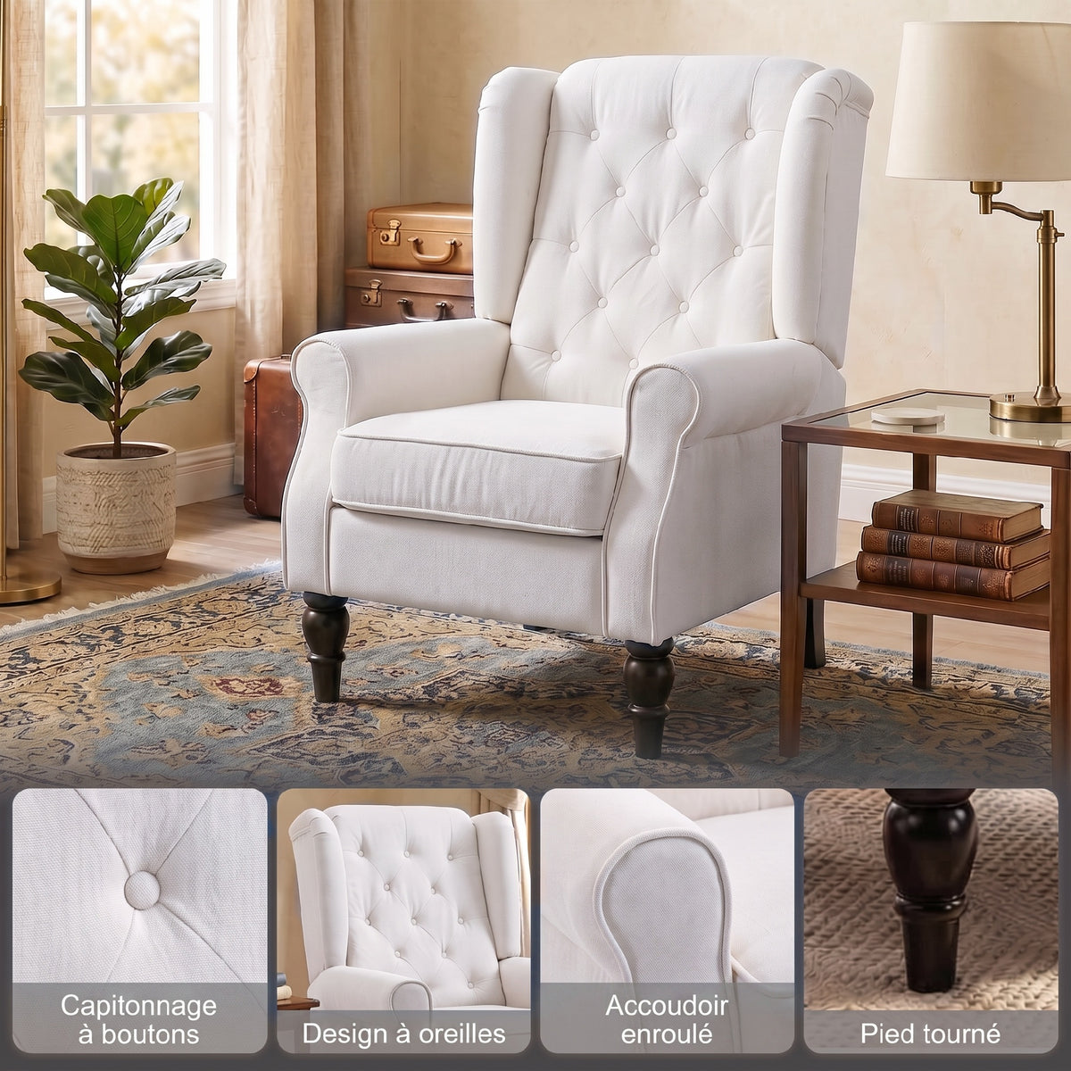 Fauteuil de Salon, Fauteuil d'Appoint Mi-Siècle Moderne en Flanelle Neige avec Haut Dossier Capitonné à Oreilles, Crème-3