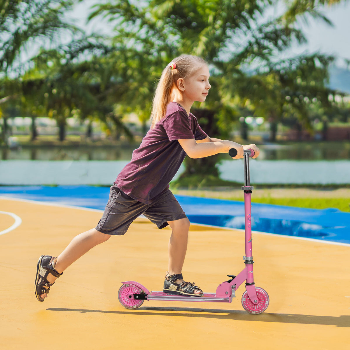 Trottinette pour enfants de 3 à 7 ans pliable roues lumineuses en PU musique 67 x 32 x 78 cm rose-1