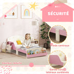 Lit enfant 70 x 140 cm, lit pour enfant avec barriere de securite et sommier à lattes, espace de rangement, rose-3
