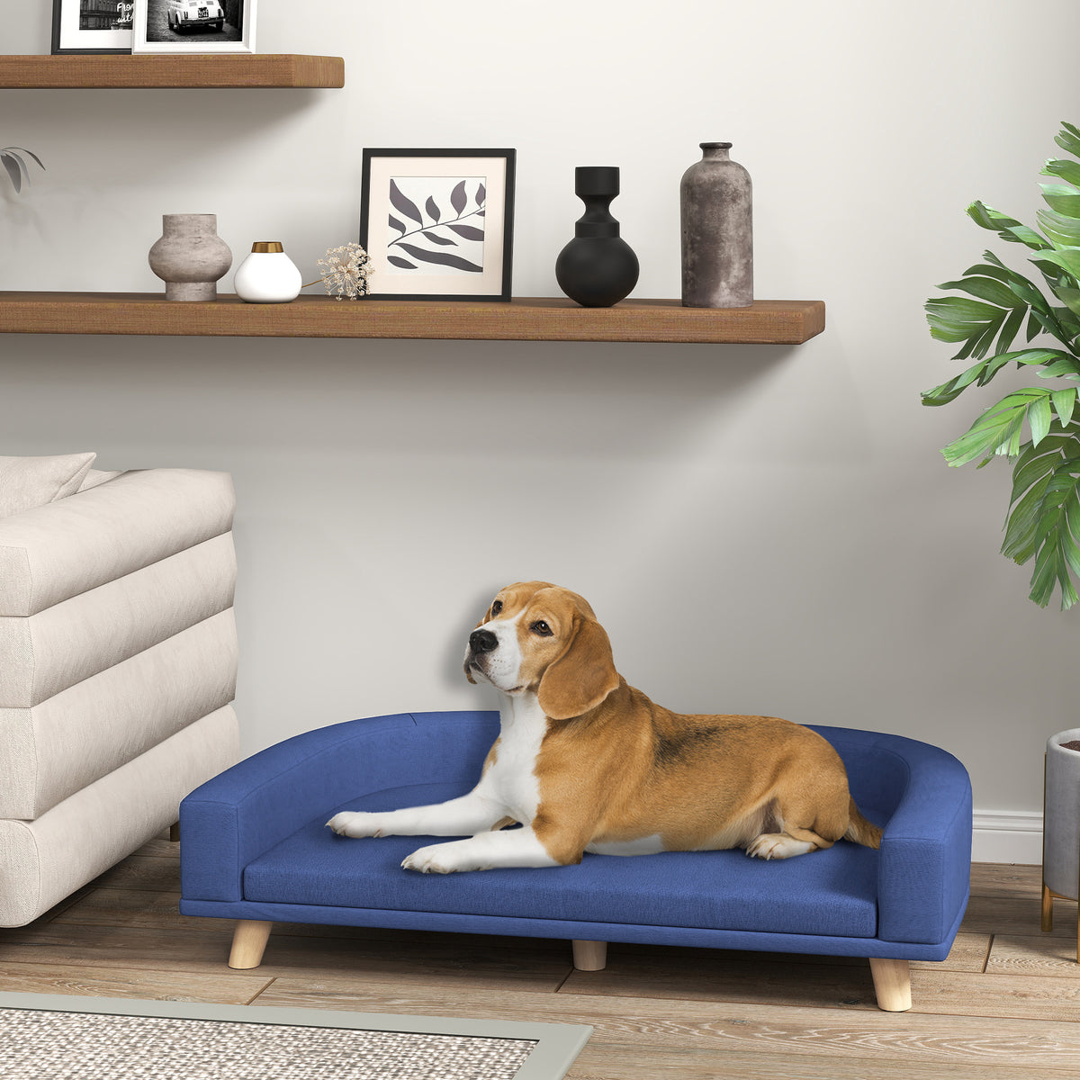 Canapé pour chien grand lit surélevé pour chien coussin lavable cadre en bois tissu polyester 98 x 67 x 25 cm bleu-1
