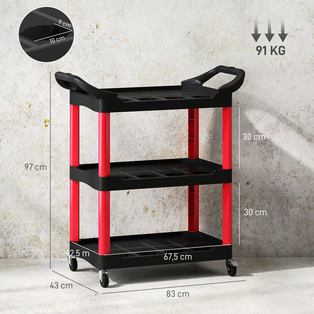 Chariot d'atelier à 3 niveaux avec poignée latérale pour garage, entrepôt, outils de bricolage, charge 91 Kg, noir-2