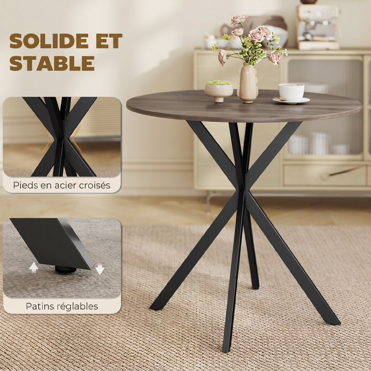 Table à manger ronde pour 2 personnes avec plateau aspect bois et piètement croisé en acier, marron-5