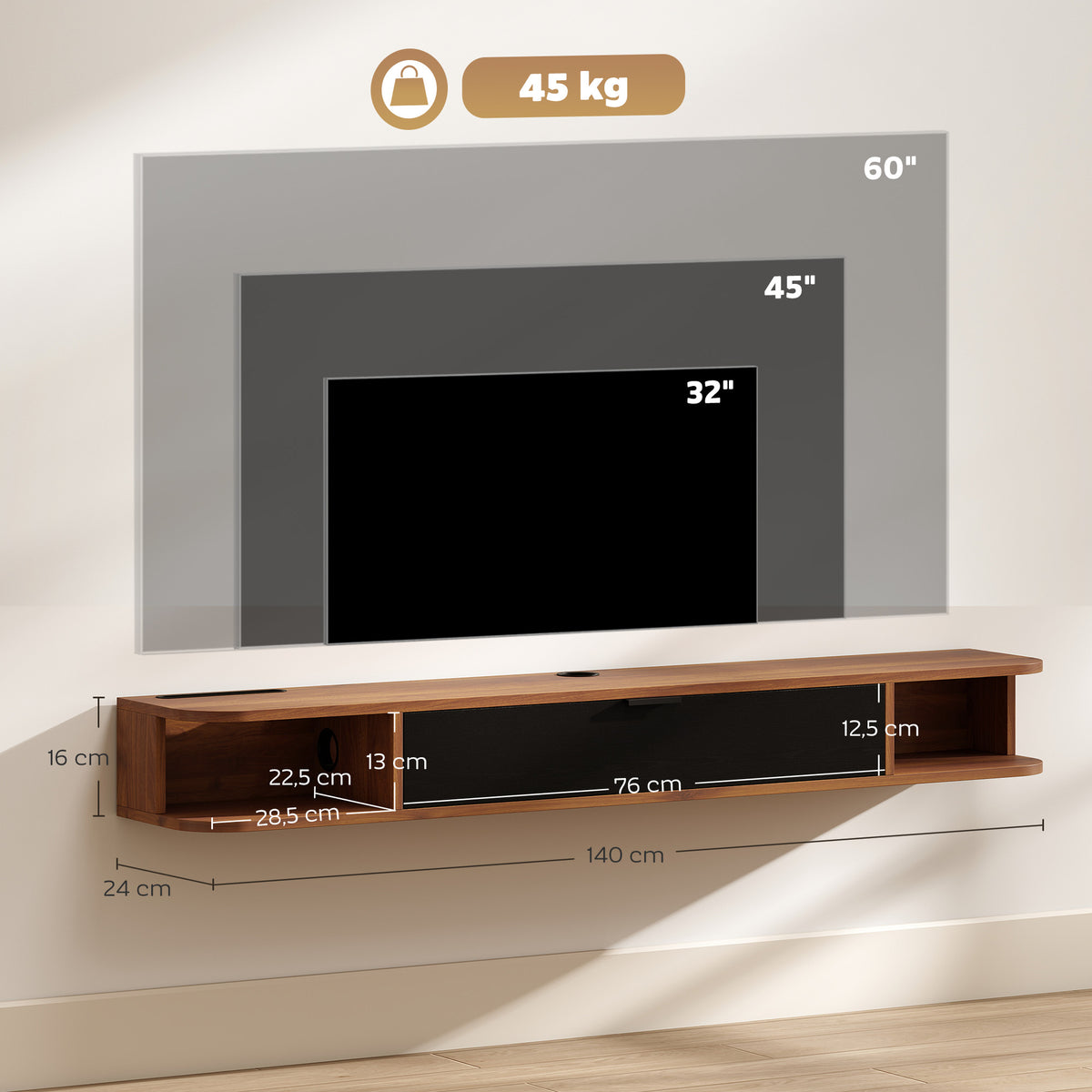 Meuble TV Suspendu, Meuble Télé pour Téléviseur jusqu'à 60 Pouces, Tiroir Rabattable, 2 Étagères, 140x24x16cm, Noyer-2