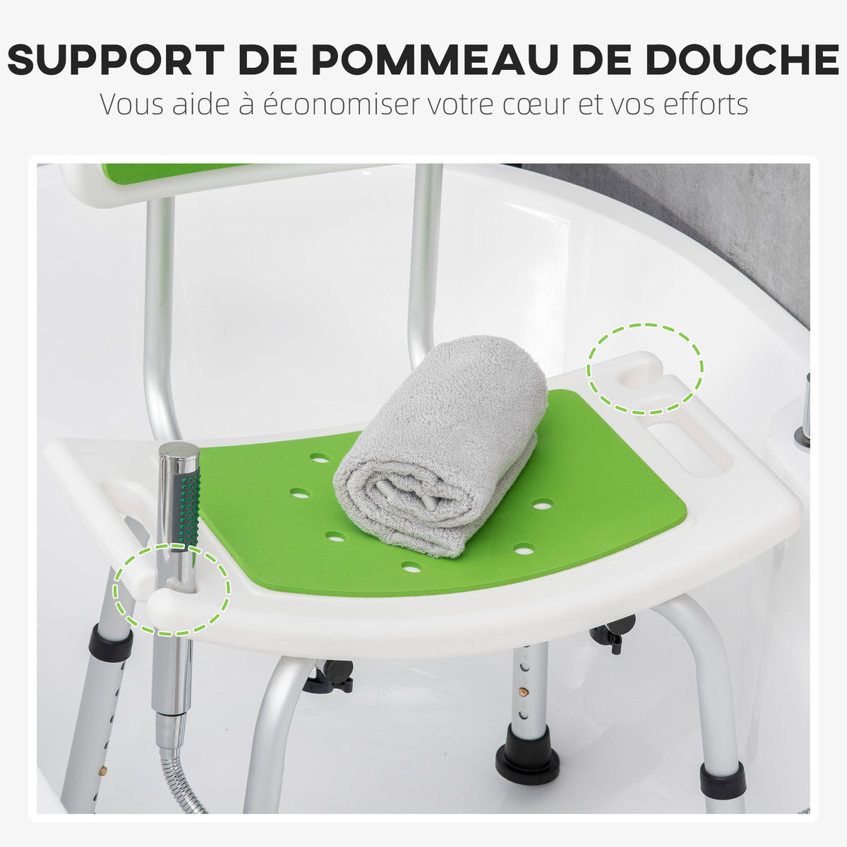Tabouret de douche pour personnes âgées et handicapées hauteur réglable patins antidérapants support de pomme de douche-4