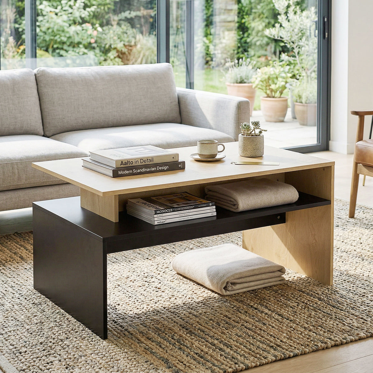 Table Basse Moderne Bicolore à Niveaux Décalés avec Étagère de Rangement, 95 x 55 x 50 cm, Bois Naturel et Noir-1