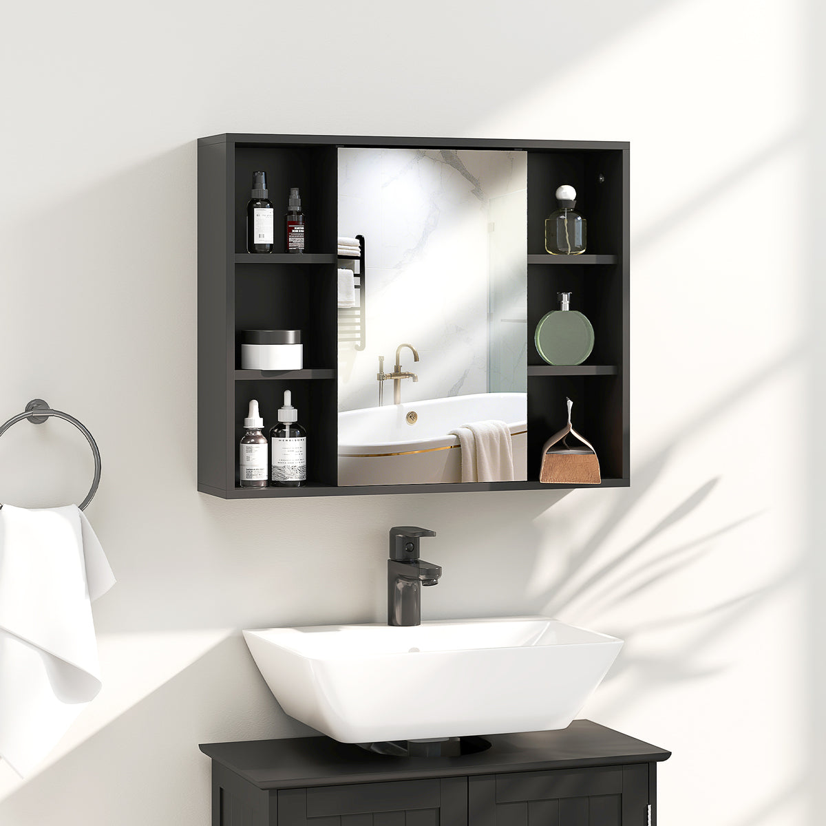 Meuble salle de bain avec miroir, placard à portes et 6 compartiments ouverts, 60 x 14,5 x 49,4 cm, noir-9