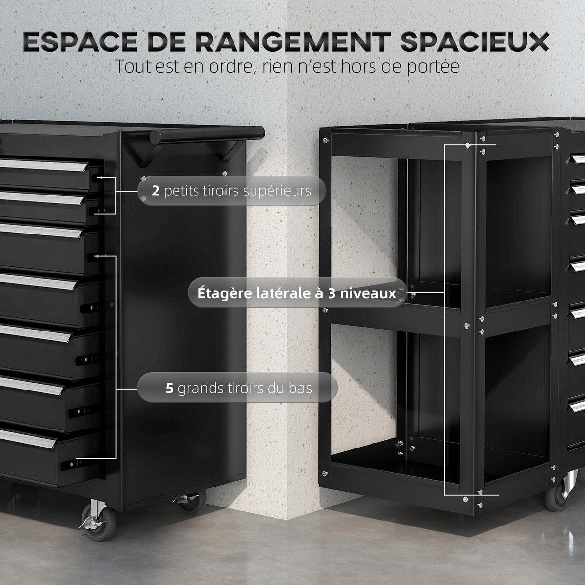 Servante d'Atelier en Acier à 7 Tiroirs, Chariot à Outils sur Roulettes avec Étagère Latérale Amovible, Noir-3