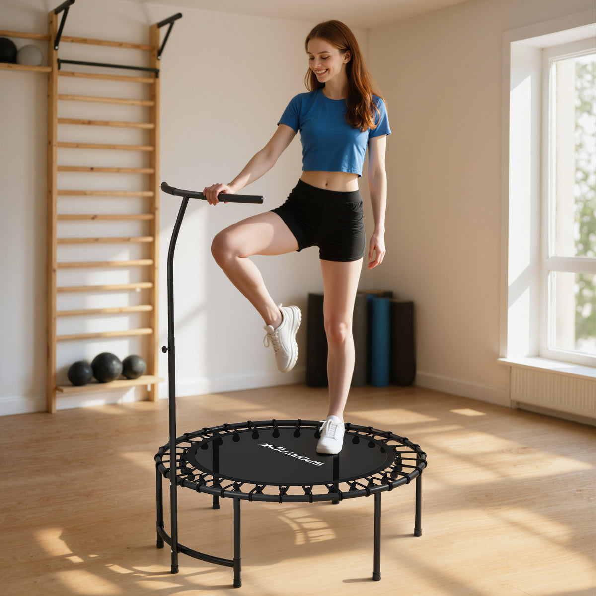 Trampoline de Fitness avec Cordes Élastiques, Poignée Réglable 5 Positions, Capacité 100 kg, Acier, Ø102x132cm, Noir-1