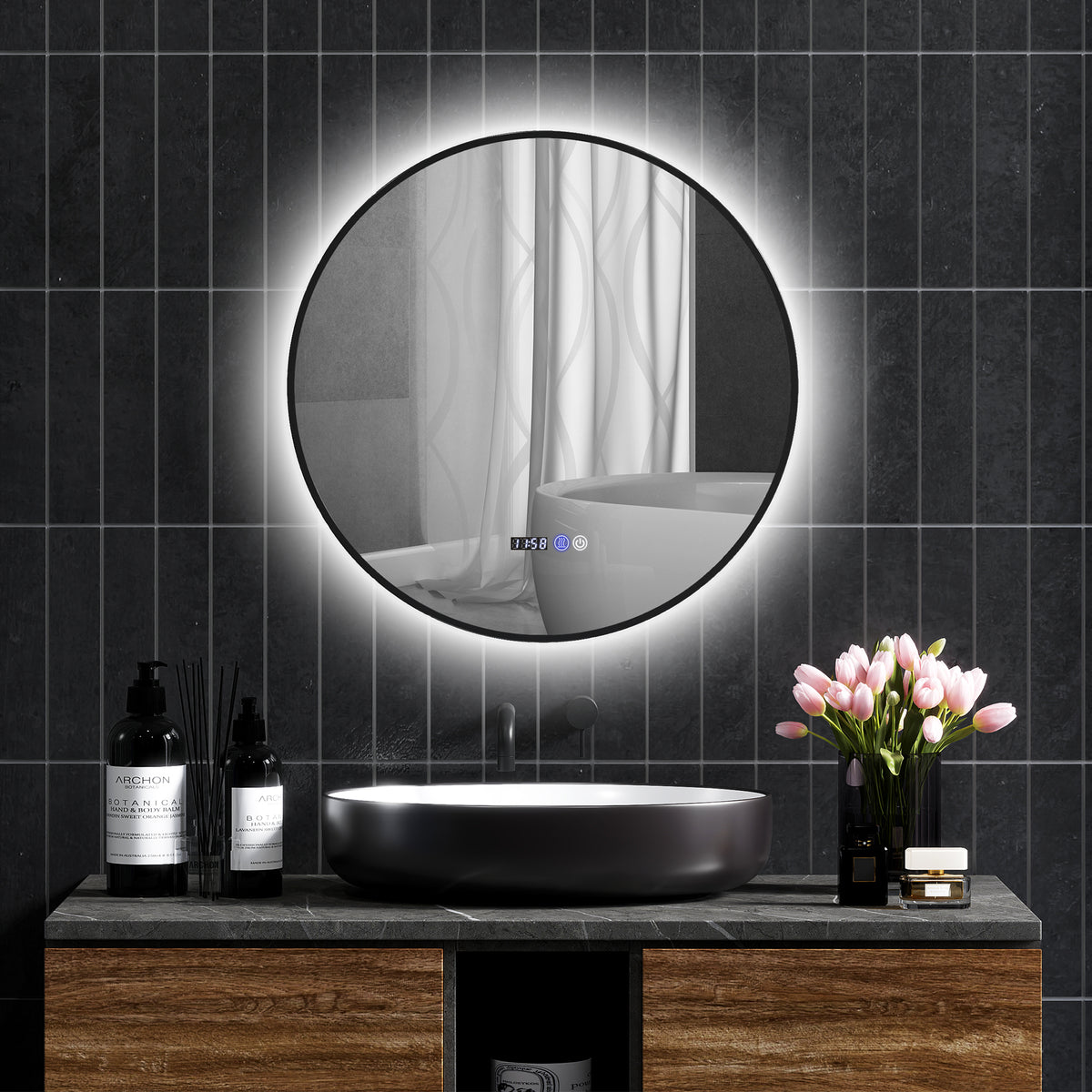 Miroir de salle de bain rond avec éclairage LED, intensité variable, fonction anti-buée, interrupteur tactile, noir-9