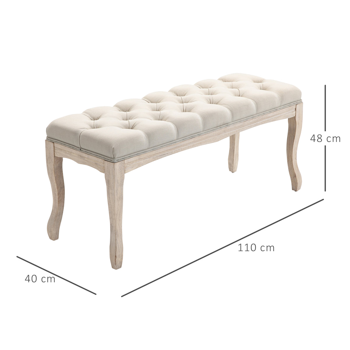 Lot de 2 banc Banquette capitonnée Style Classique 110 cm Bout de lit Rembourrée en lin piètement Bois hévéa sculpté-2