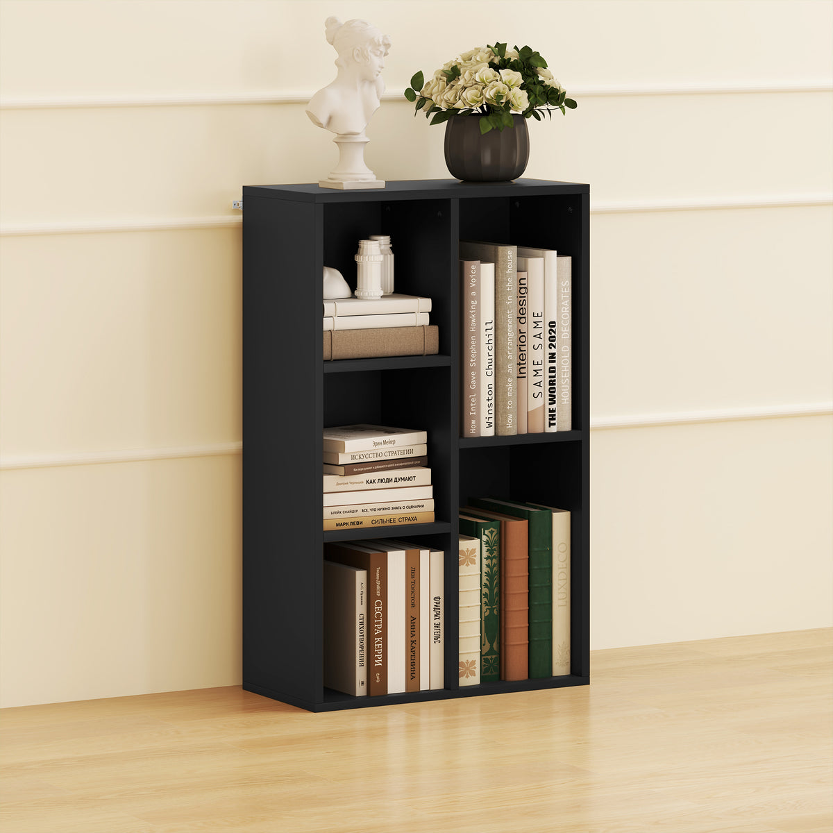 Bibliothèque étagère de rangement avec 5 compartiments, pour salon chambre à coucher bureau, 50x24x80cm, noir-6
