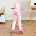 Cheval à Bascule en Bois et Peluche pour Enfant Cheval de Cowboy peluche Pour Enfants de 3-6 Ans Jouet balançoire avec Effet sonore Selle rênes Rose Blanc-8