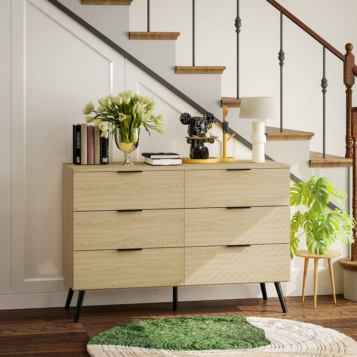 Commode 6 tiroirs Commode moderne pour chambre à coucher avec design anti-basculement 110L x 40l x 75H cm Aspect bois-8