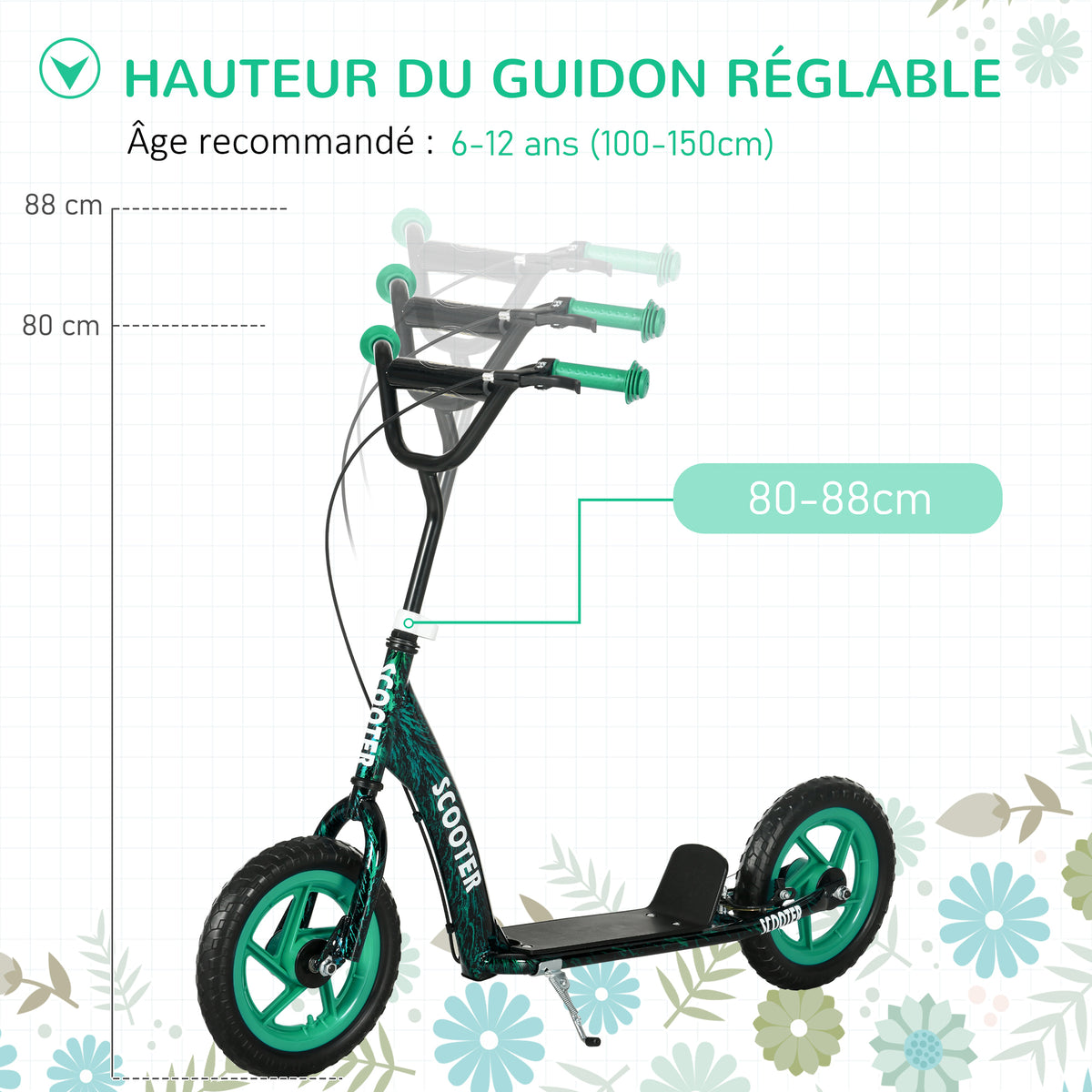 Trottinette patinette scooter enfant grandes roues de 6 à 12 ans hauteur réglable frein arrière béquille vert-3