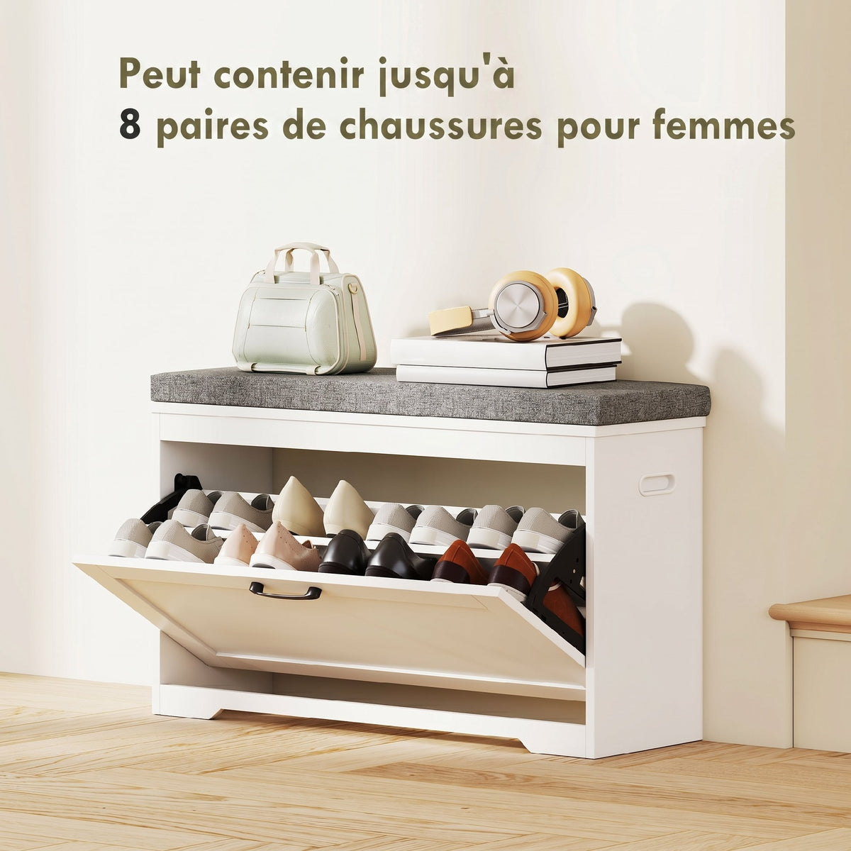 Banc à chaussures, banc d'entrée moderne avec siège rembourré, tiroir basculant et étagère ajustable, 80x30x50cm, blanc-4
