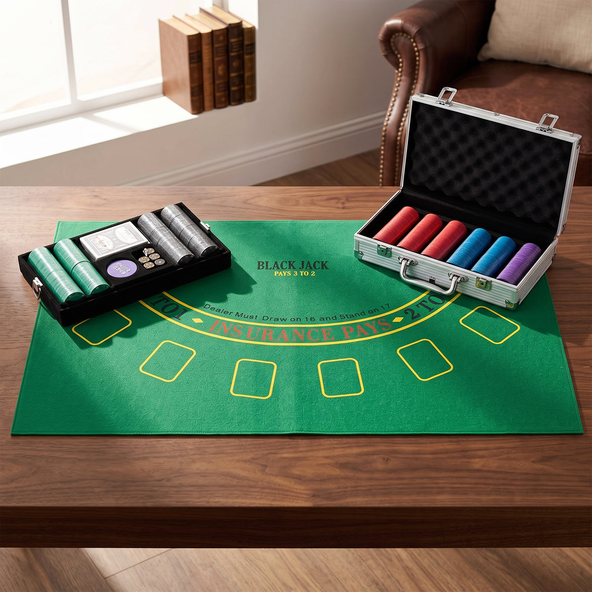 Mallette de Poker 500 Jetons 5 Valeurs, 2 Jeux de Cartes, Tapis de Jeu, Bouton Dealer, Blind, Alu, 31x17x11,5cm, Argenté-1