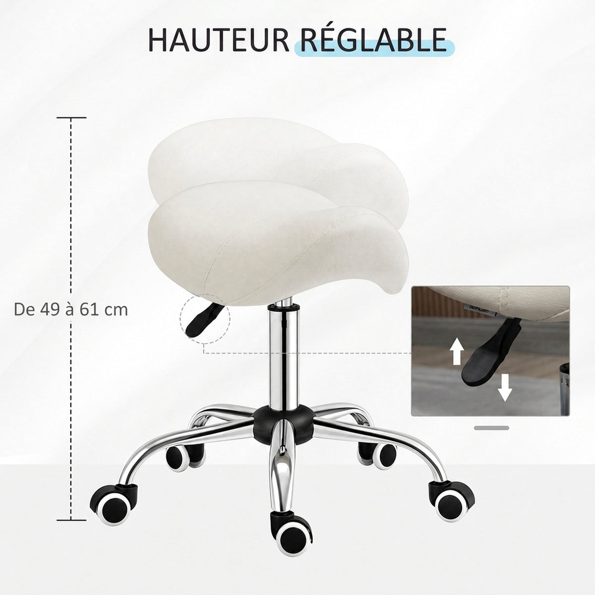 Tabouret à roulettes, tabouret de massage avec hauteur réglable 49-61 cm et selle ergonomique, chaise de travail à roulettes pivotant 360°, pour salon de massage tatouage clinique spa, blanc-3