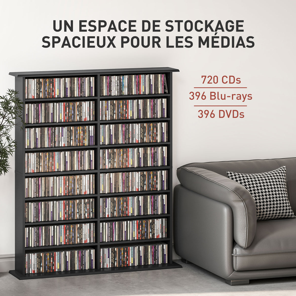 Rangements pour CD et DVD avec 16 compartiments et 12 étagères réglables capacité max. 720 CD/396 DVD et Blu-ray noir-3