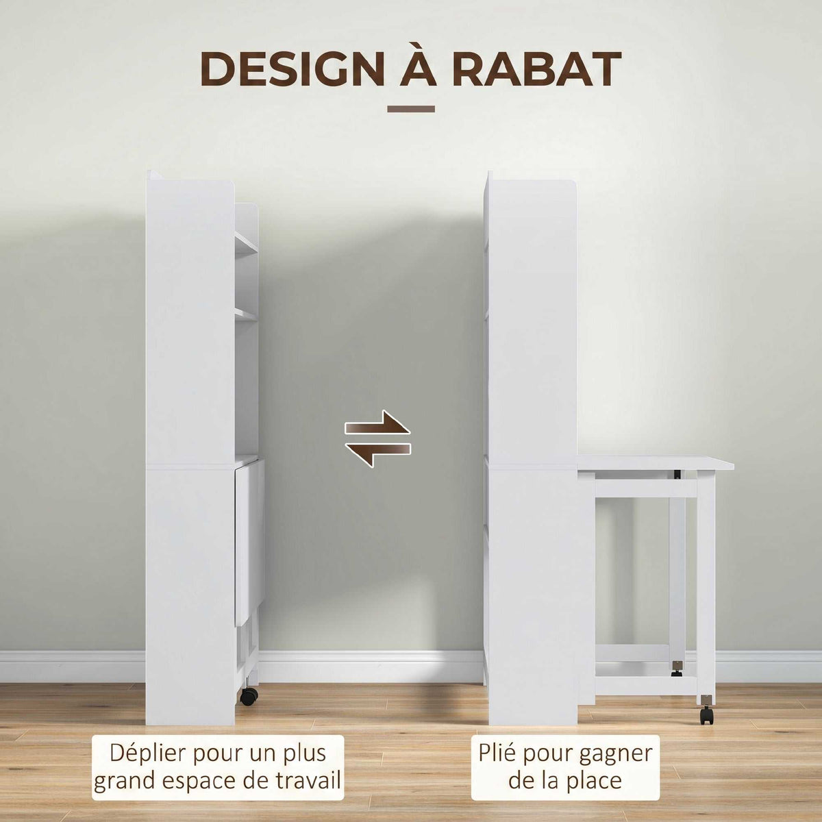 Bureau informatique avec étagères de rangement plateau rabattable 2 roulettes pour chambre salon 80 x 69 x 155 cm blanc-3