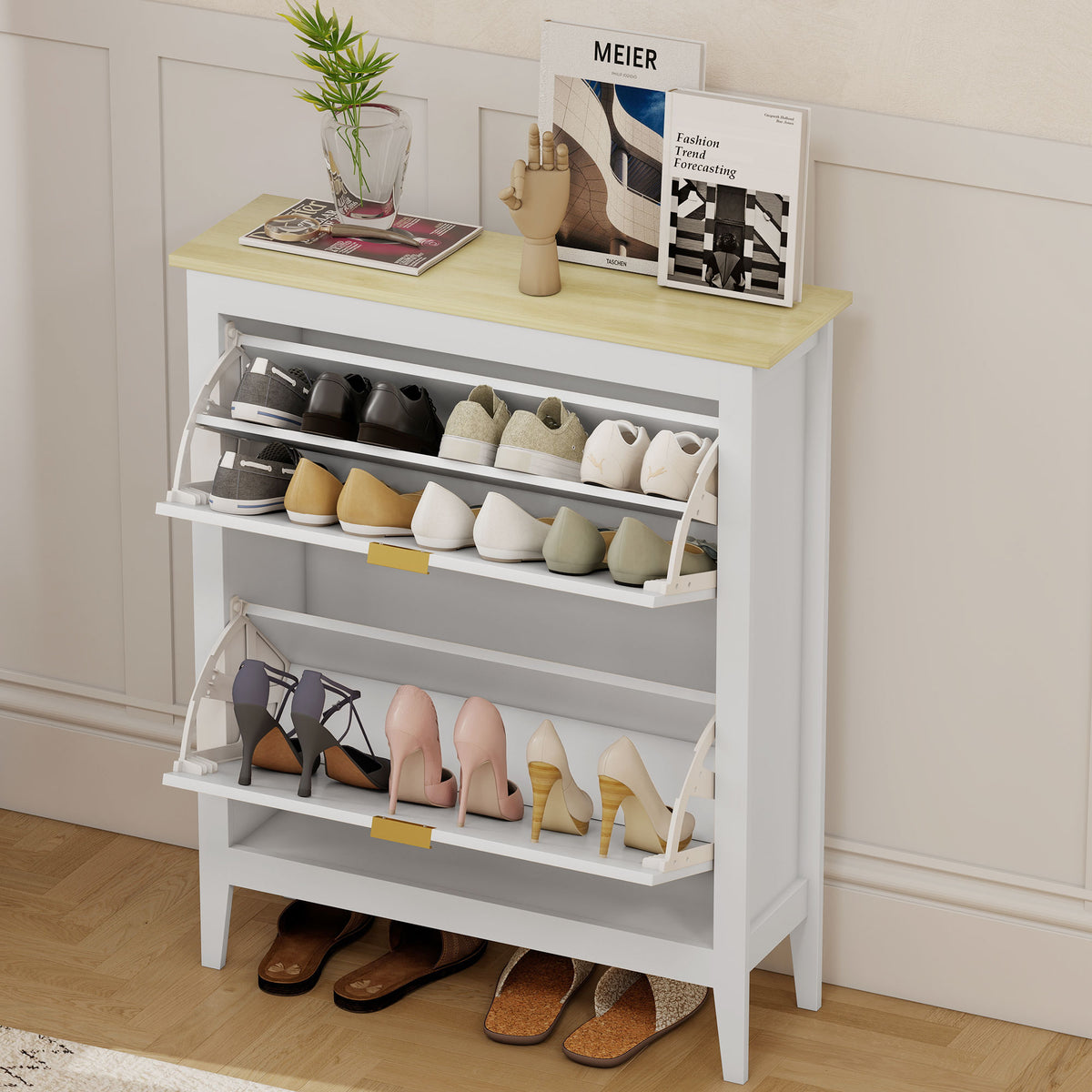 Meuble à chaussures 14 paires bohème avec 2 tiroirs rabattables, portes effet cannage rotin, 80 x 24 x 95,5 cm, blanc-7