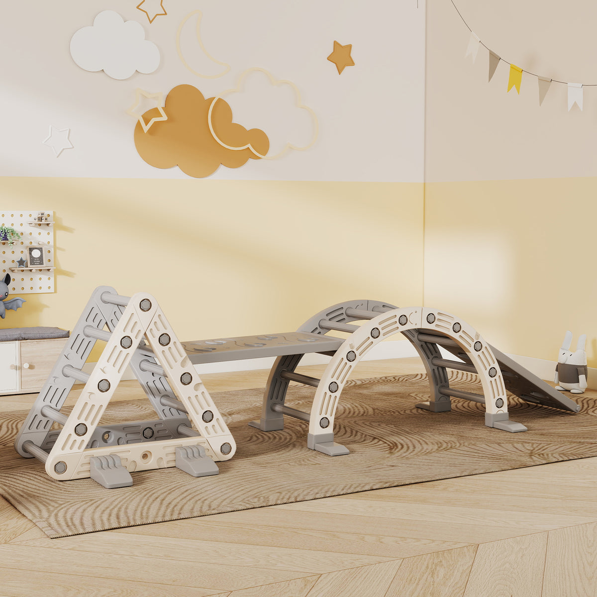 8 en 1 Triangle escalade enfants, arc d'escalade, rampe double-face pour grimper & glisser, 279 x 80 x 69 cm, gris-9