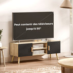 Meuble TV meuble télé bois banc TV jusqu'à 50 pouces avec étagères, 2 placards et passe-câbles, chêne-5