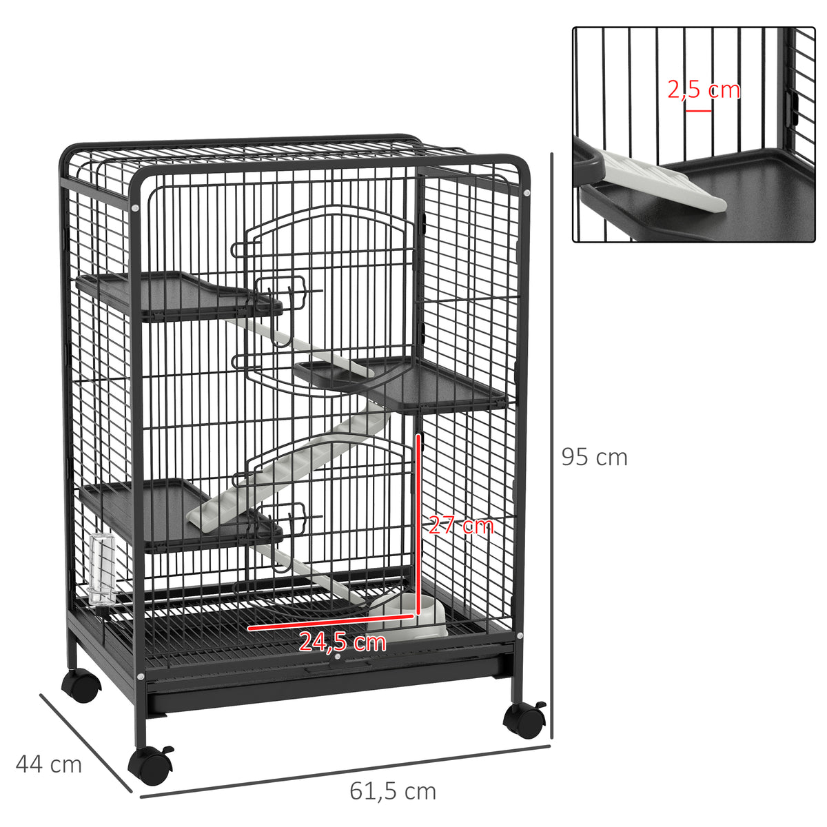 Cage pour rongeurs cage pour Petits Animaux Roulante 3 Rampes 3 Plates-formes Plat et Bouteille d'Eau Bac Inférieur Amovible pour lapin vison d'animaux chinchilla Acier PP 61,5x44x95cm Noire-2