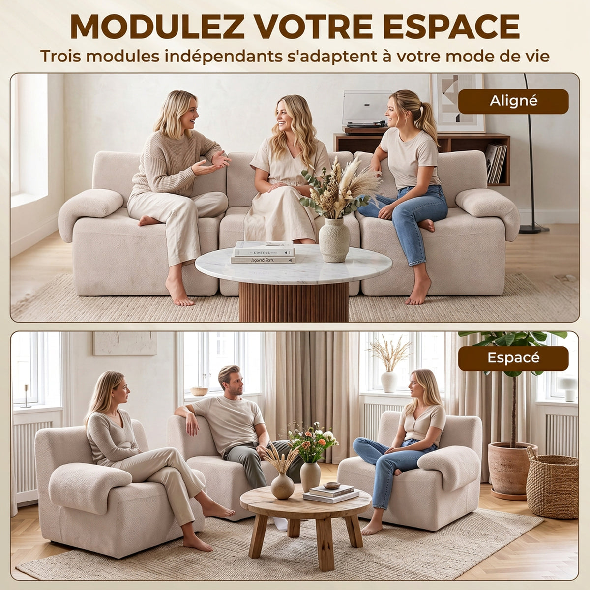 Canapé 3 Places Modulable 277 cm, Canapé Salon Compressé en Chenille Moderne, Assise Profonde, Accoudoirs Larges, Beige-3